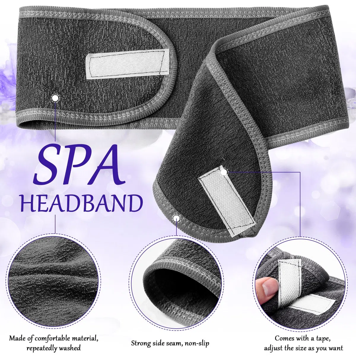Hoteam Spa-Stirnband, Spa-Gesichts-Stirnband, Spa-Stirnband, Großpackung zum Waschen von Gesicht, Make-up, Stirnband für Dusche, Bad, Sport, verstellbares Handtuch mit Klettverschluss (Silbergrau)