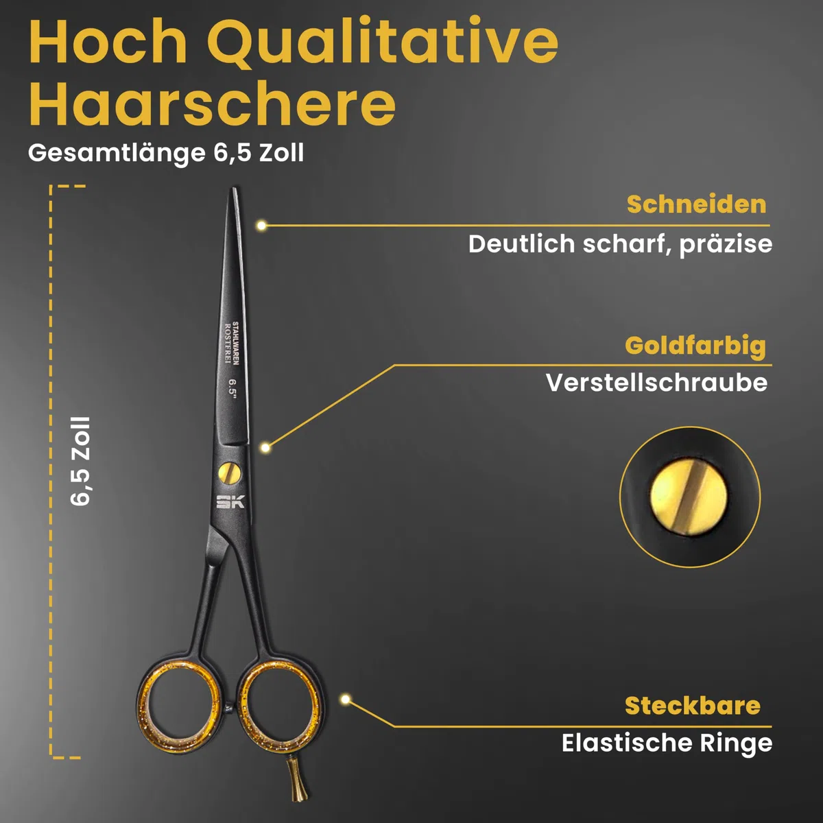 Haarschere 6,5 Zoll Premium Rostfrei Mikroverzahnt Friseurschere Haarschneideschere für Damen, Herren und Kinder für kräftiges und feines Haar