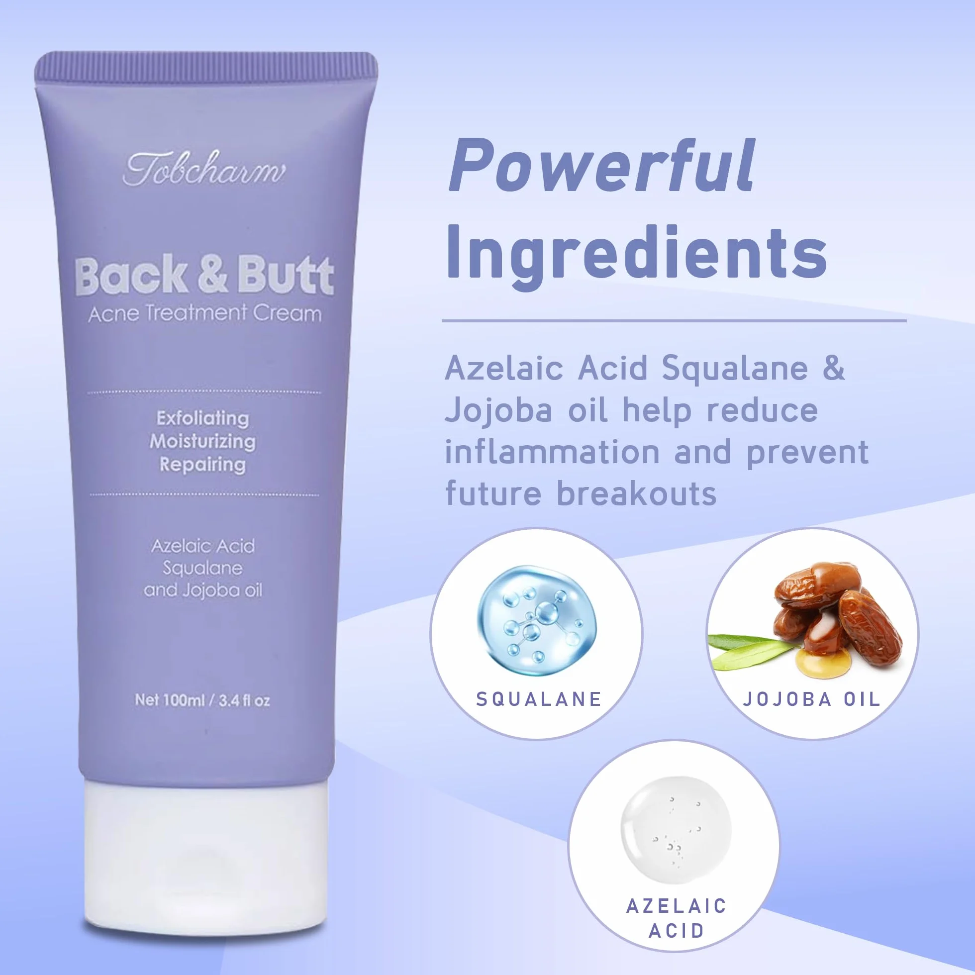 Tobcharm Butt Akne Clearing Behandlung, maximale Stärke Körpercreme für Rücken, Gesäß, Oberschenkel & Brust Akne Entfernung, Hautklärende Lotion für Männer & Frauen, Schaumreiniger für Bacne