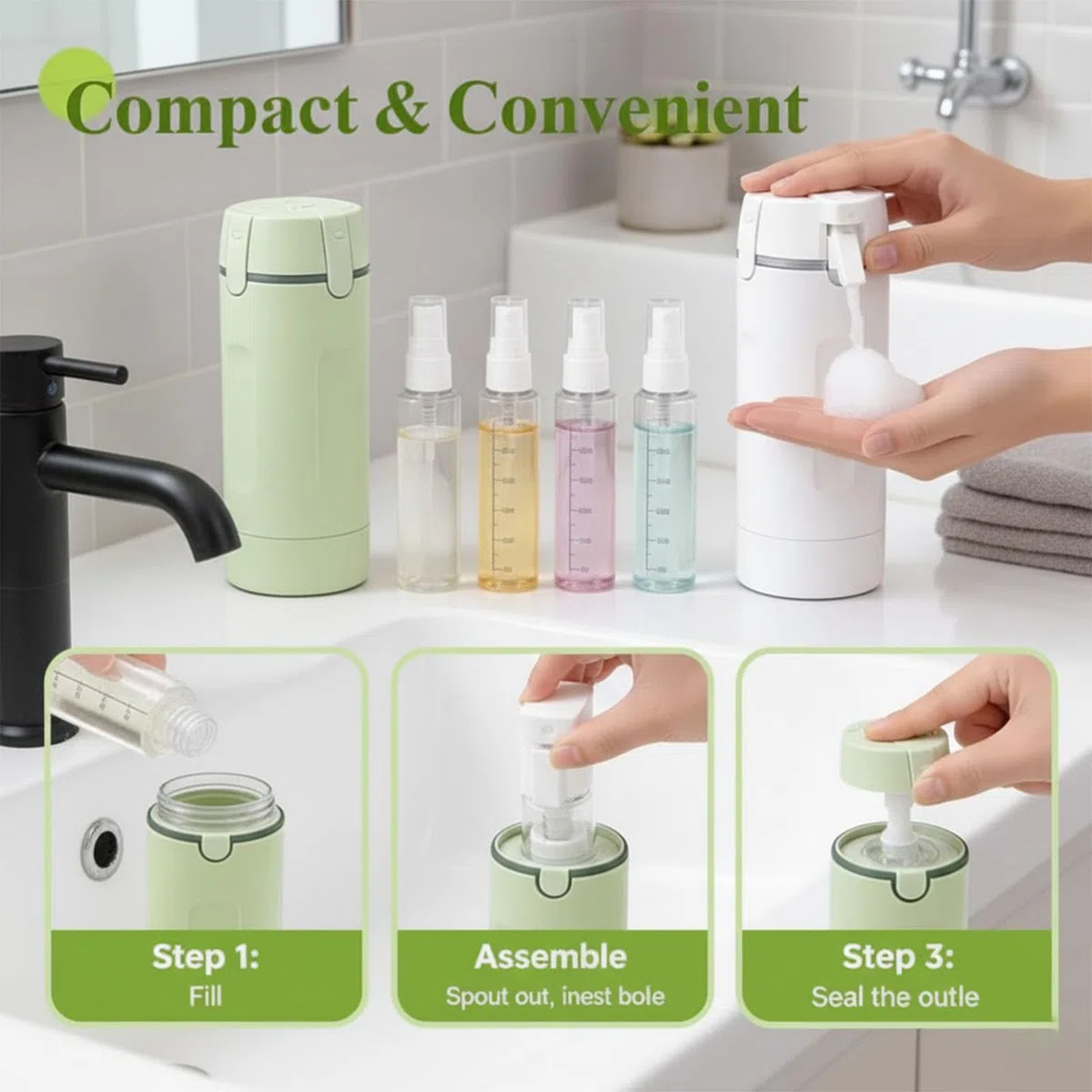 4 in 1 Reise-Spenderflasche, nachfüllbar, auslaufsicher, Kulturbeutel, tragbare Reiseflaschen für Shampoo, Lotion, Conditioner, Duschgel (Grün)