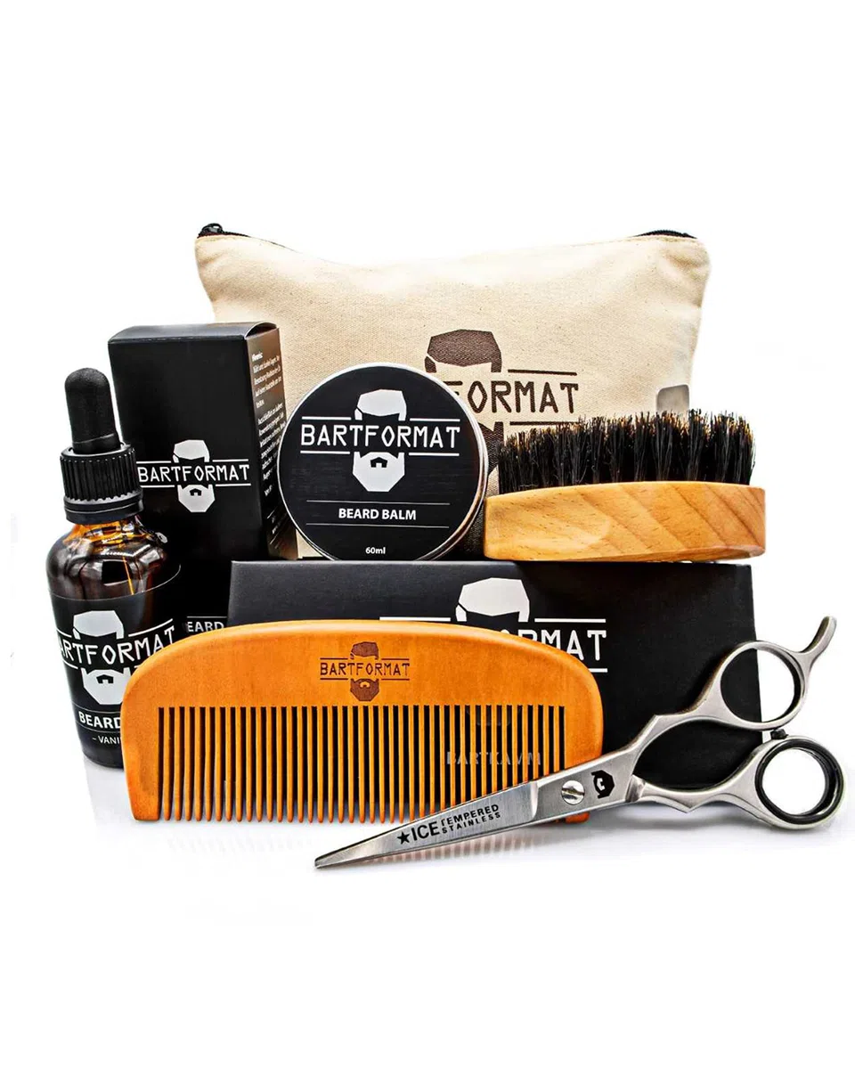Bartpflegeset für Männer 6-teilig von BARTFORMAT - Bartöl + Balsam + Bartschere + Bartbürste + Bartkamm + Kulturbeutel - Das hochwertige Bartpflege Set ideal als Geschenk