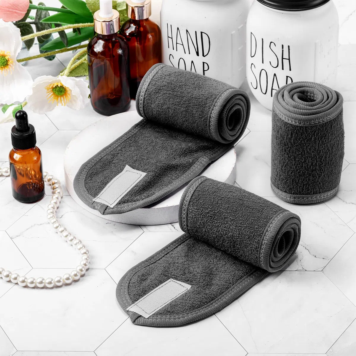 Hoteam Spa-Stirnband, Spa-Gesichts-Stirnband, Spa-Stirnband, Großpackung zum Waschen von Gesicht, Make-up, Stirnband für Dusche, Bad, Sport, verstellbares Handtuch mit Klettverschluss (Silbergrau)