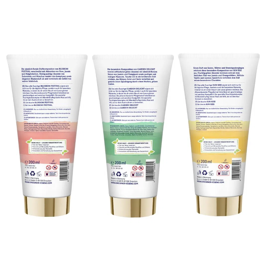 Dresdner Essenz Private Collection Duschgele – Set aus 3 luxuriösen Duft-Duschgelen (3x200ml): Blossom Festival, Garden Delight & Sun Kiss