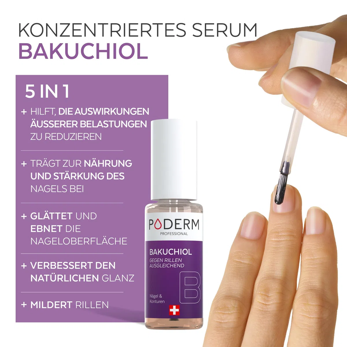 Poderm 5 in 1 Nagel Booster Serum - Bakuchiol | Nährt und Stärkt die Gerillter Nägel - 6 ML | Hydratisierende & Vereinheitlichende Pflege | 100% Natürlich - Entwickelt von einem Podologen in Schweiz