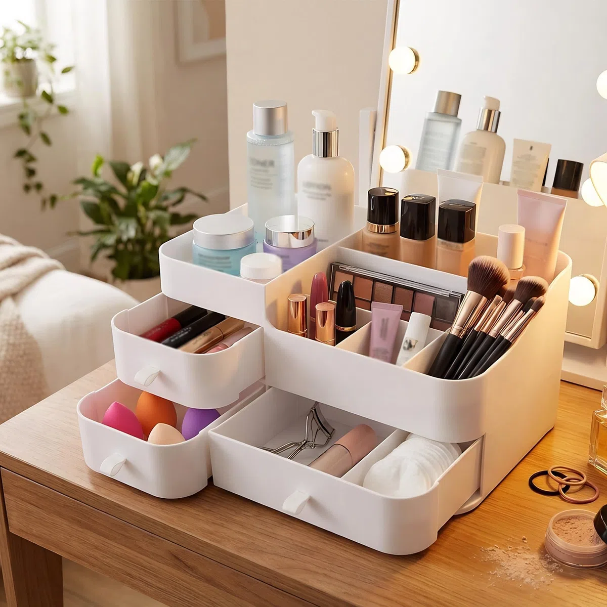 Make up Kosmetik Organizer,Make up Organizer,Multifunktion Schminktisch Organizer,Einfache Aufbewahrung für Pinsel Lippenstift Skincare für Schminktisch,Bad und Schlafzimmer (Weiß)