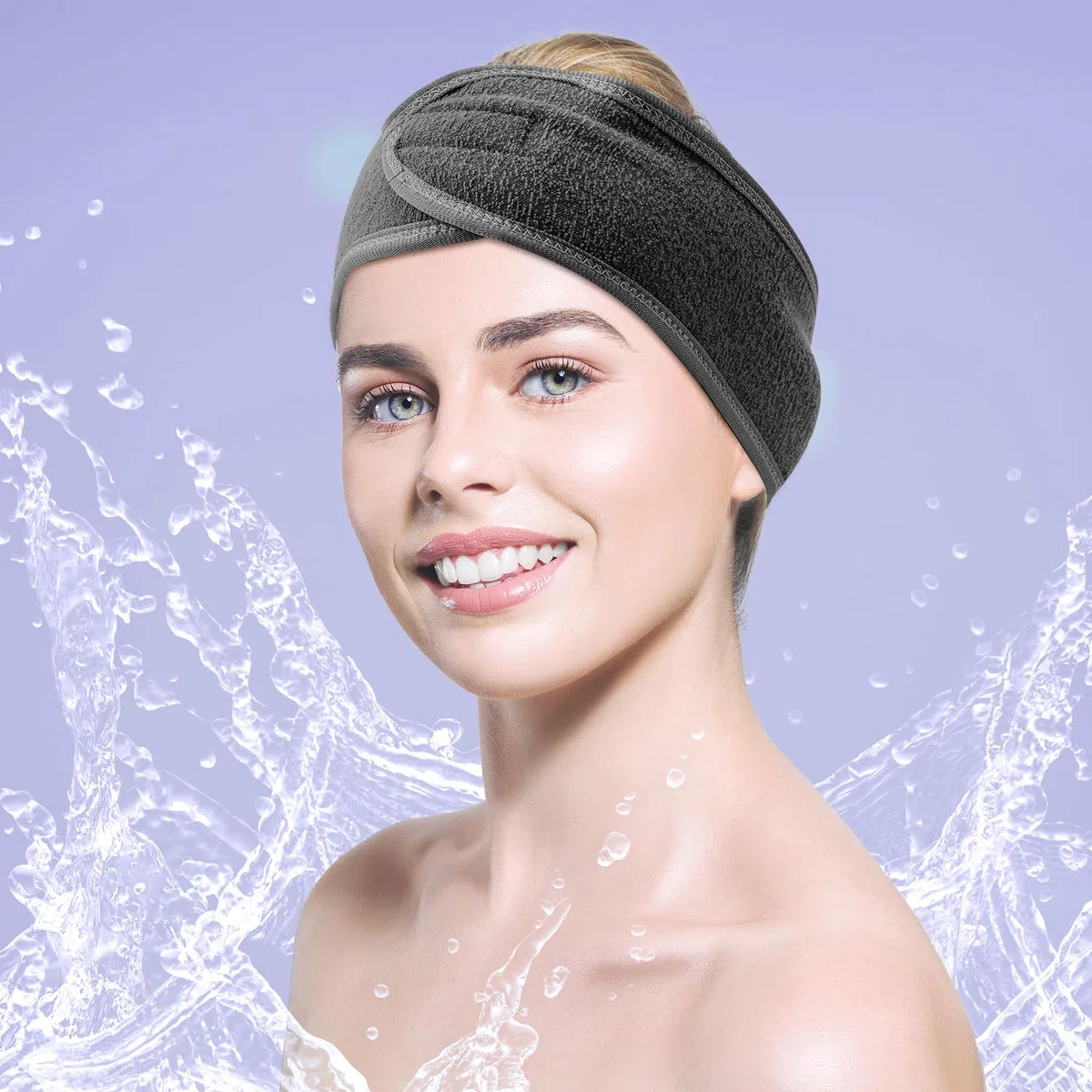 Hoteam Spa-Stirnband, Spa-Gesichts-Stirnband, Spa-Stirnband, Großpackung zum Waschen von Gesicht, Make-up, Stirnband für Dusche, Bad, Sport, verstellbares Handtuch mit Klettverschluss (Silbergrau)