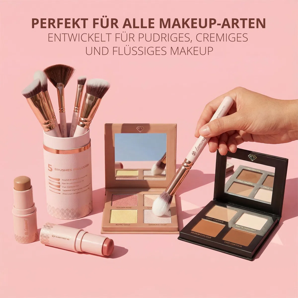 Profi Schminkpinsel Contouring Pinselset Rosegold - Grundierungs Kontur Pinsel Set - 5 Kosmetikpinsel Vegan und Tierversuchsfrei für ein perfektes Make Up
