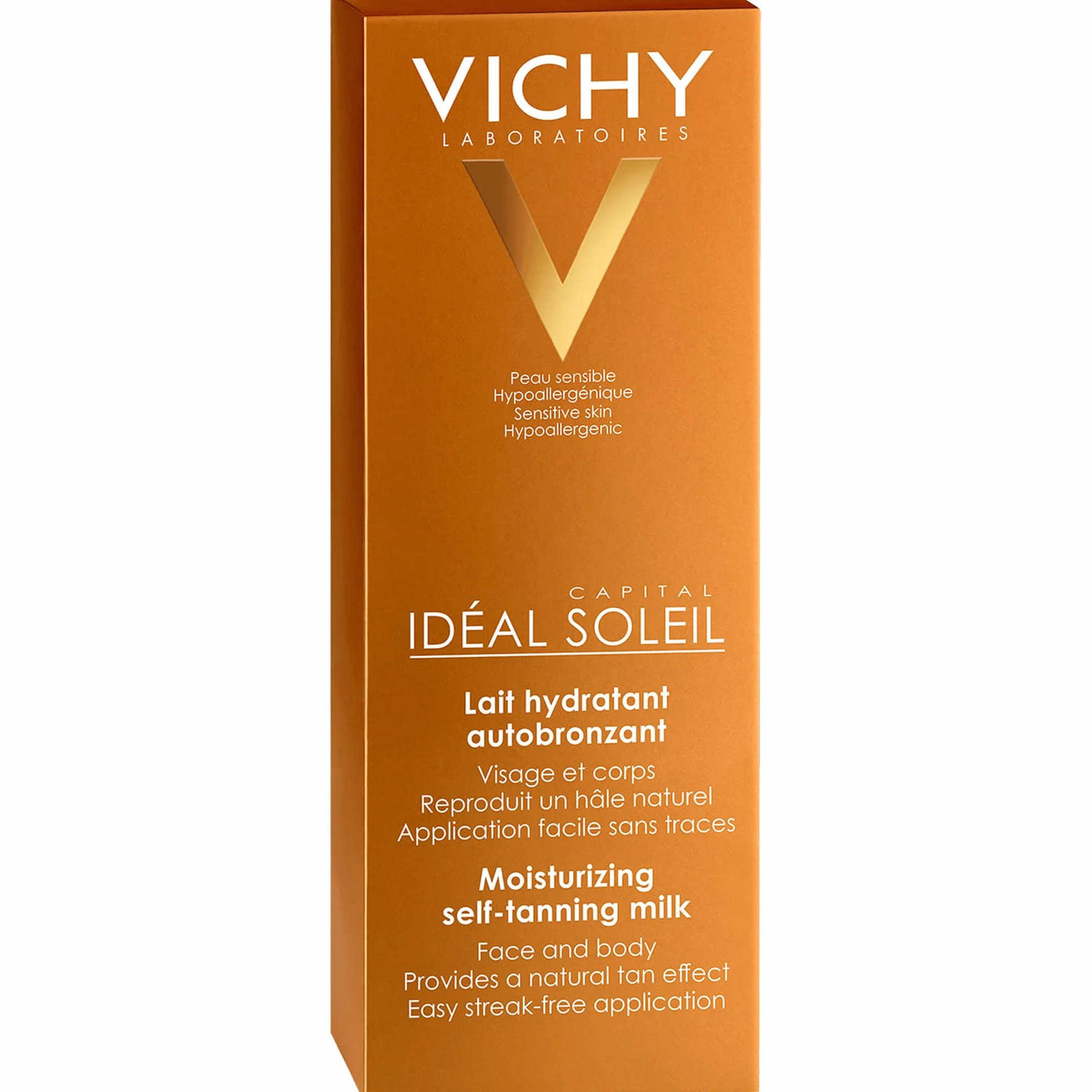 Vichy Ideal Soleil Selbstbräuner-Milch für Gesicht und Körper, Selbstbräuner mit Sheabutter, Für bis zu 8 Stunden Feuchtigkeit und eine einheitliche Bräune, 100 ml