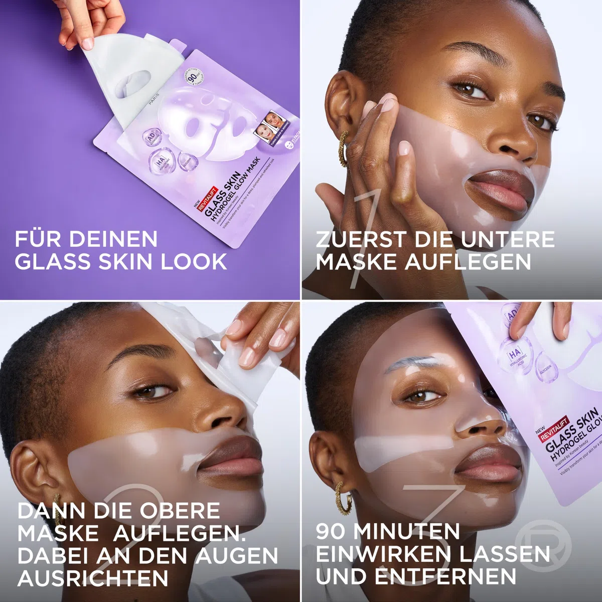 L'Oréal Paris Glass Skin Hydrogel 4er Maskenbox, für aufgepolsterte & glowy Haut, feuchtigkeitsspendend & glättend, [mit Hyaluronsäure], Revitalift Filler, Vorteilsset, 100g