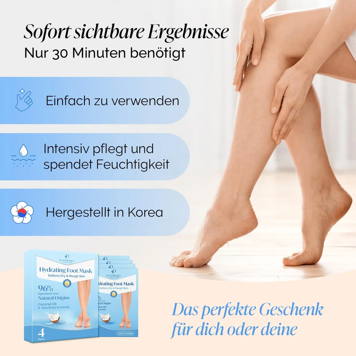 Plantifique Koreanische Fußmaske Socken, 4 Paar mit Box - Fusspflege Hornhaut Socken für Trockene Füße und Rissige Fersen - Hornhautentferner - Korean Foot Mask
