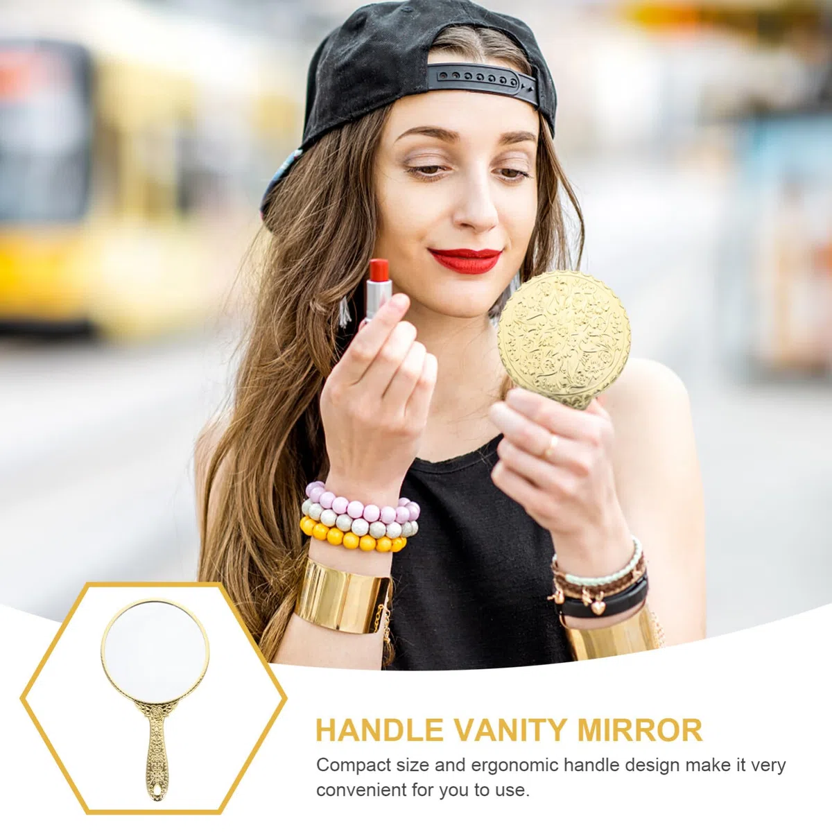 minkissy Handspiegel Retro- Griff Vintage Handheld- Spiegel Geprägte Blumen Oval Tragbarer Make- Up- für Frauen Mädchen Golden