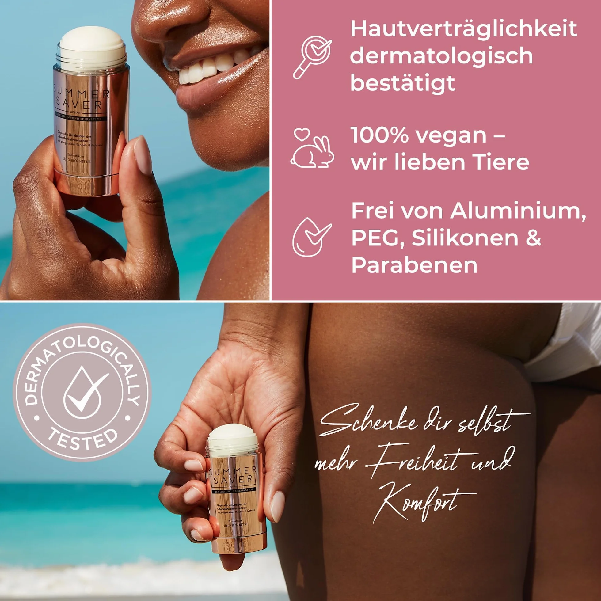 SUMMERSAVER Woman – Anti-Wundreib Stick 25 g – Schutz vor Reibung an Oberschenkeln, Achseln & BH-Kontur – mit Kokosöl, Mandelöl, Vitamin E & Allantoin – vegan & dermatologisch getestet