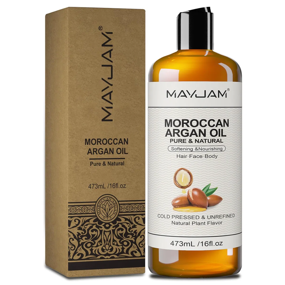 MAYJAM Arganöl 473ML, Körperöl für Gesicht, Haut, Haare, Haaröl Arganöl Kaltgepresst Reines Natürliches, Pflegeöl Befeuchtend & Anti-Aging, Moroccan Argan Oil