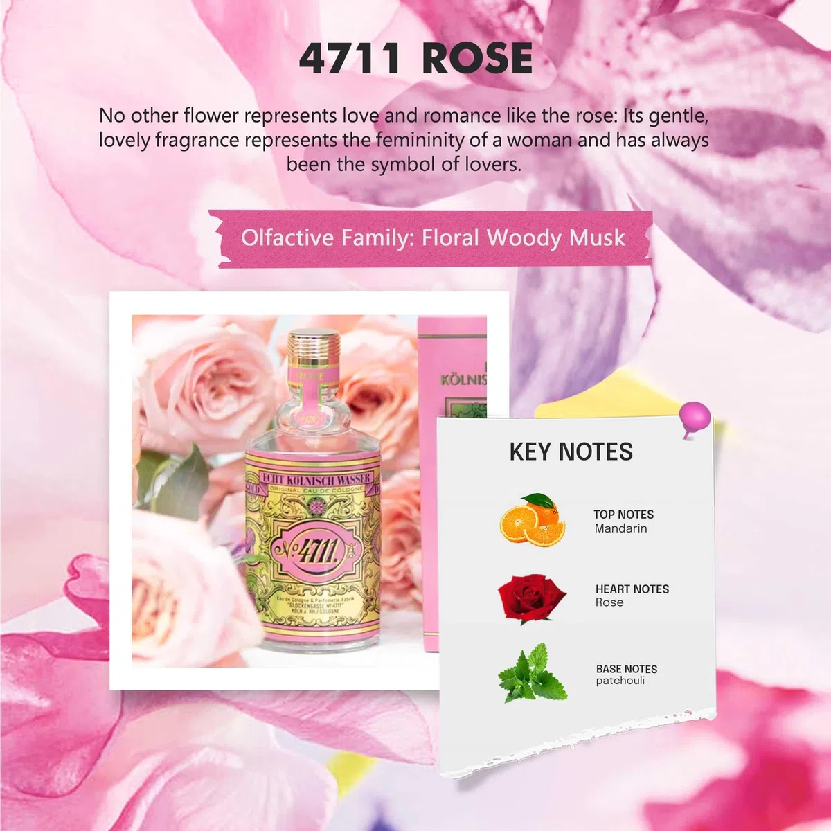 4711® Echt Kölnisch Wasser – Floral Collection ROSE – Eau de Cologne – moderne florale Interpretation der Duftikone – zart, feminin & romantisch – 100 ml Natural Spray