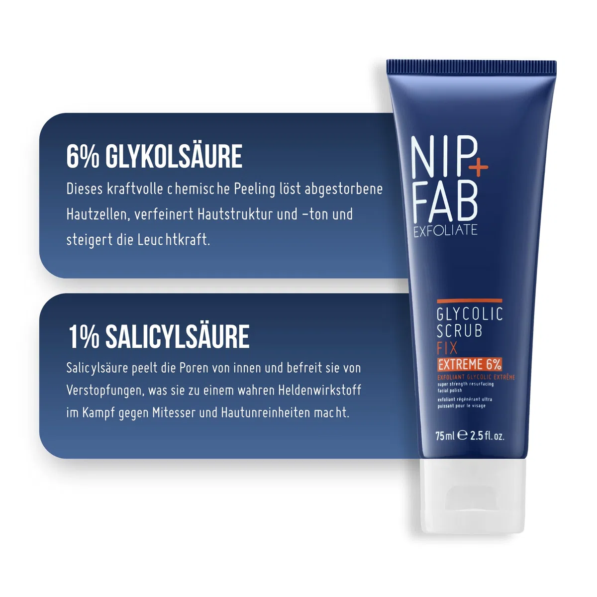 Nip + Fab Glycolic Fix Scrub Extreme – Gesichtspeeling mit 6% Glykolsäure – 3-in-1 AHA/BHA Peeling zur Porenverfeinerung & Hautglättung, 75 ml
