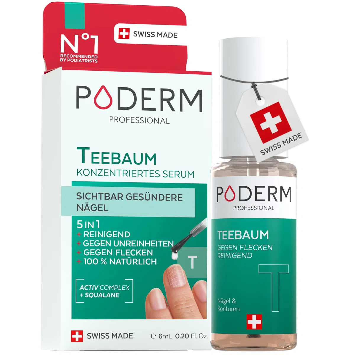 Poderm 5 in 1 Nagel Booster Serum - Tea Tree | Anti-Flecken & Reparaturpflege für Geschädigte Nägel - 6 ML | Nährt & Klärt | 100% Natürliches - Entwickelt von einem Podologen in der Schweiz