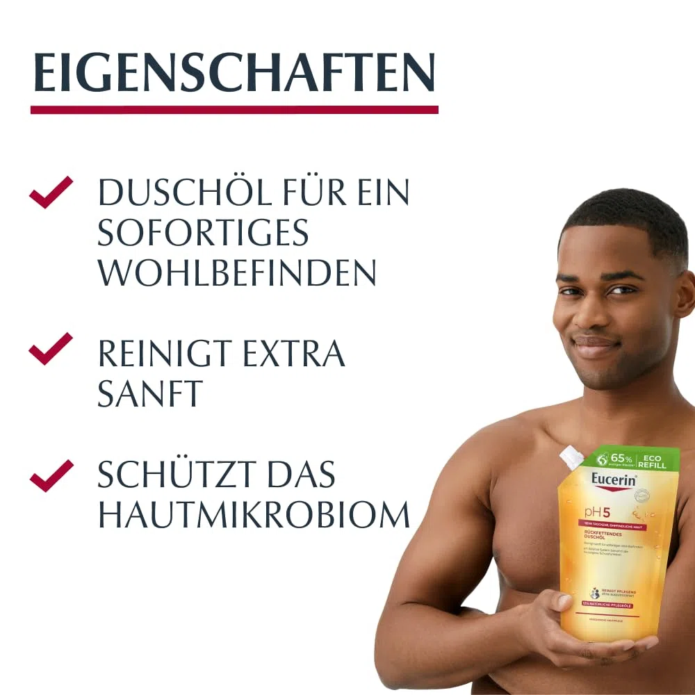 Eucerin pH5 Rückfettendes Duschöl Nachfüllbeutel 400 ml, seifenfreies Duschgel für sehr trockene und empfindliche Haut, für die tägliche Hautpflege mit natürlichen Ölen