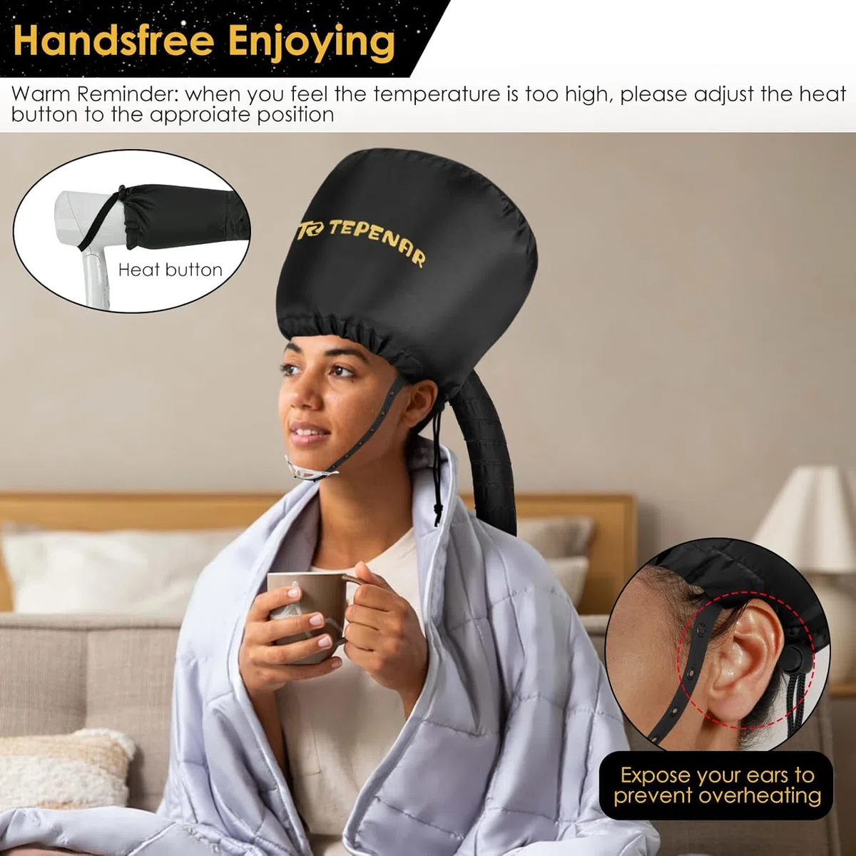 TEPENAR Haartrockenhaube Aufsatz – Große Verbesserte Haube für Föhn Verstellbare, Weiche Trockenhaube, Einfach zu Benutzen für Naturlocken, Texturiertes Haar, Schnelles Styling & Trocknen(Schwarz)