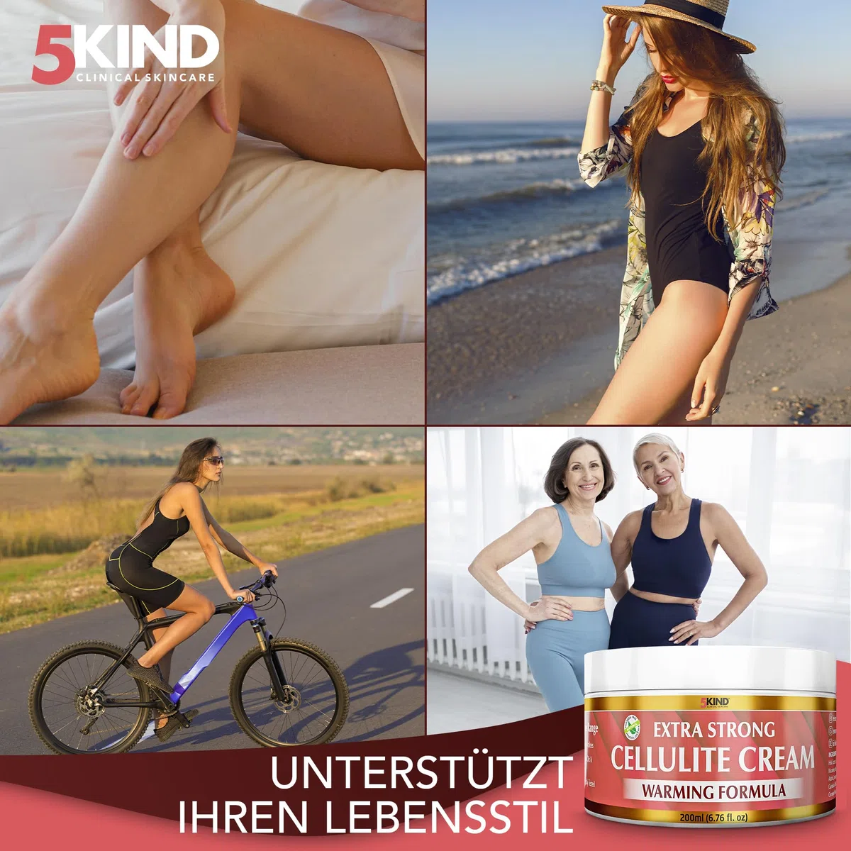 5Kind Extra Stark Anti-Cellulite Creme 200 ml – Natürliche wärmende Formel gegen Cellulite – Straffende Creme gegen Orangenhaut, effektive Cellulite-Behandlung - Beste hautstraffende