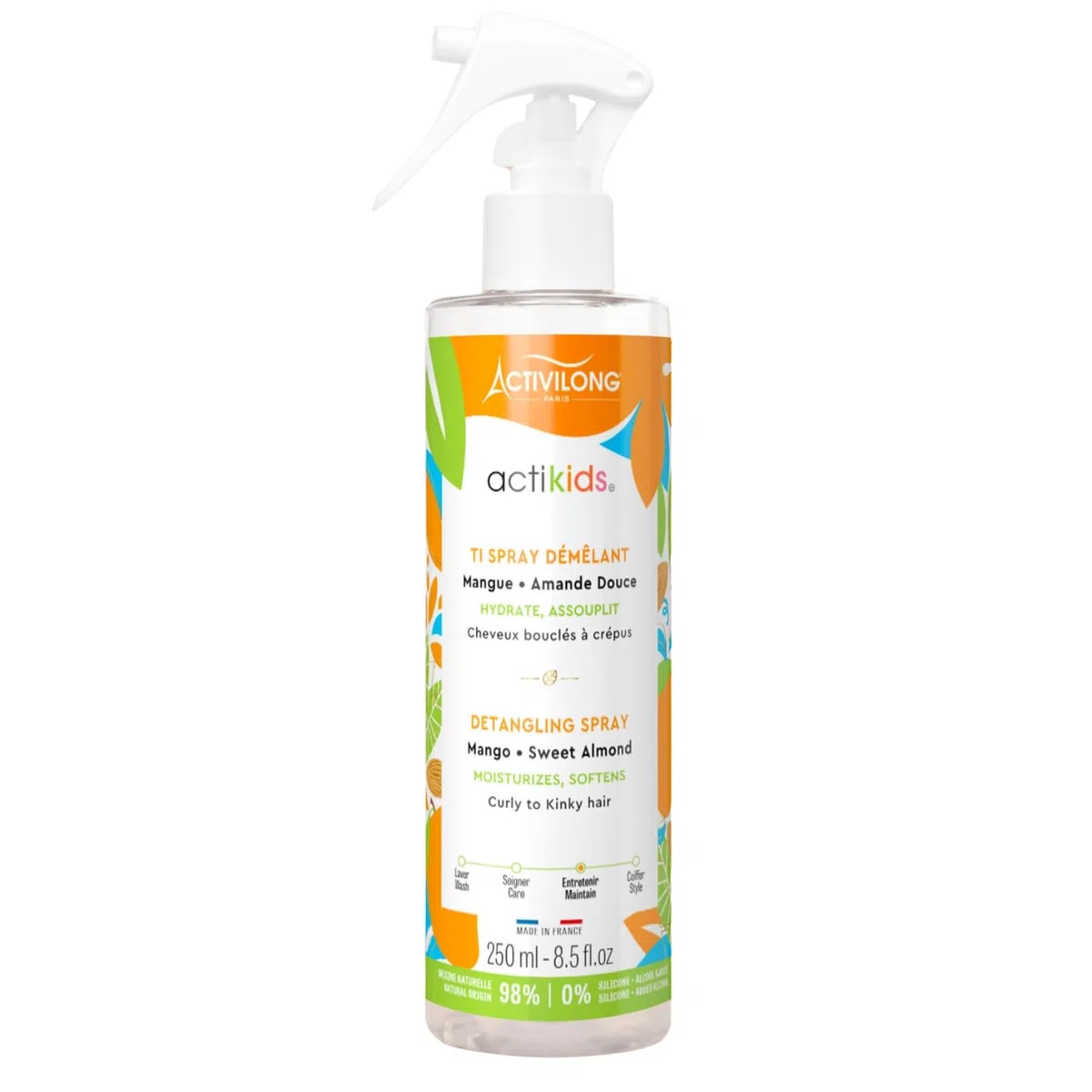 ACTIVILONG - Ti Spray zum Entwirren von Actikids – lockiges Haar – ab 3 Jahren – süße Mandel und Mango – 98% natürliche Inhaltsstoffe – Vegan – hypoallergener Duft – hergestellt in Frankreich – 250