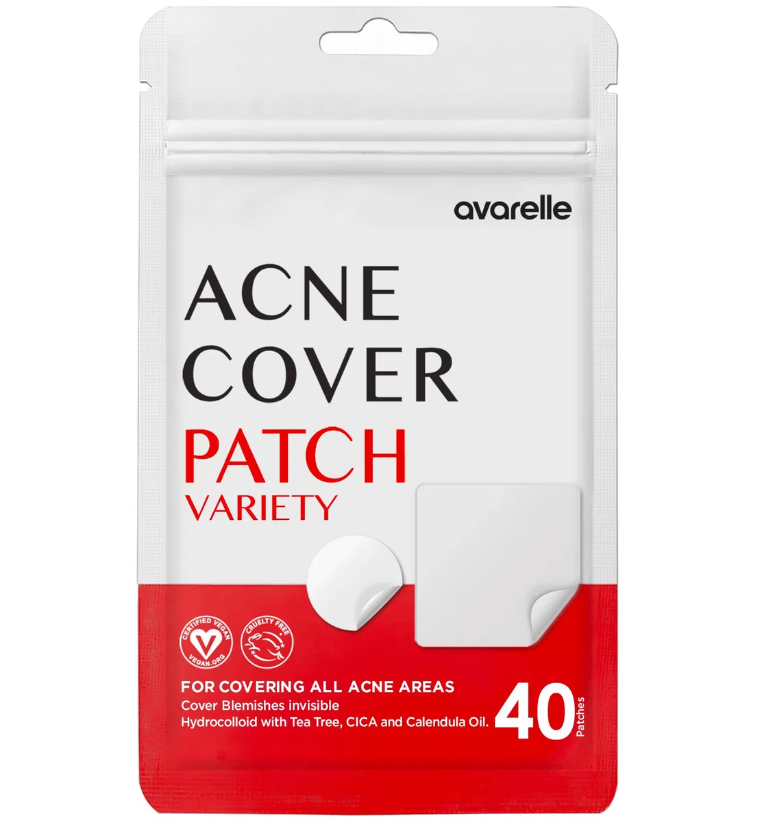 AVARELLE Akne-Pickel-Pflaster (40 Stück) Absorbierende Hydrokolloid-Spot-Behandlung mit Teebaumöl, Calendulaöl und Cica, zertifiziert vegan, frei von Tierversuchen (SORTE / 40 STÜCK)