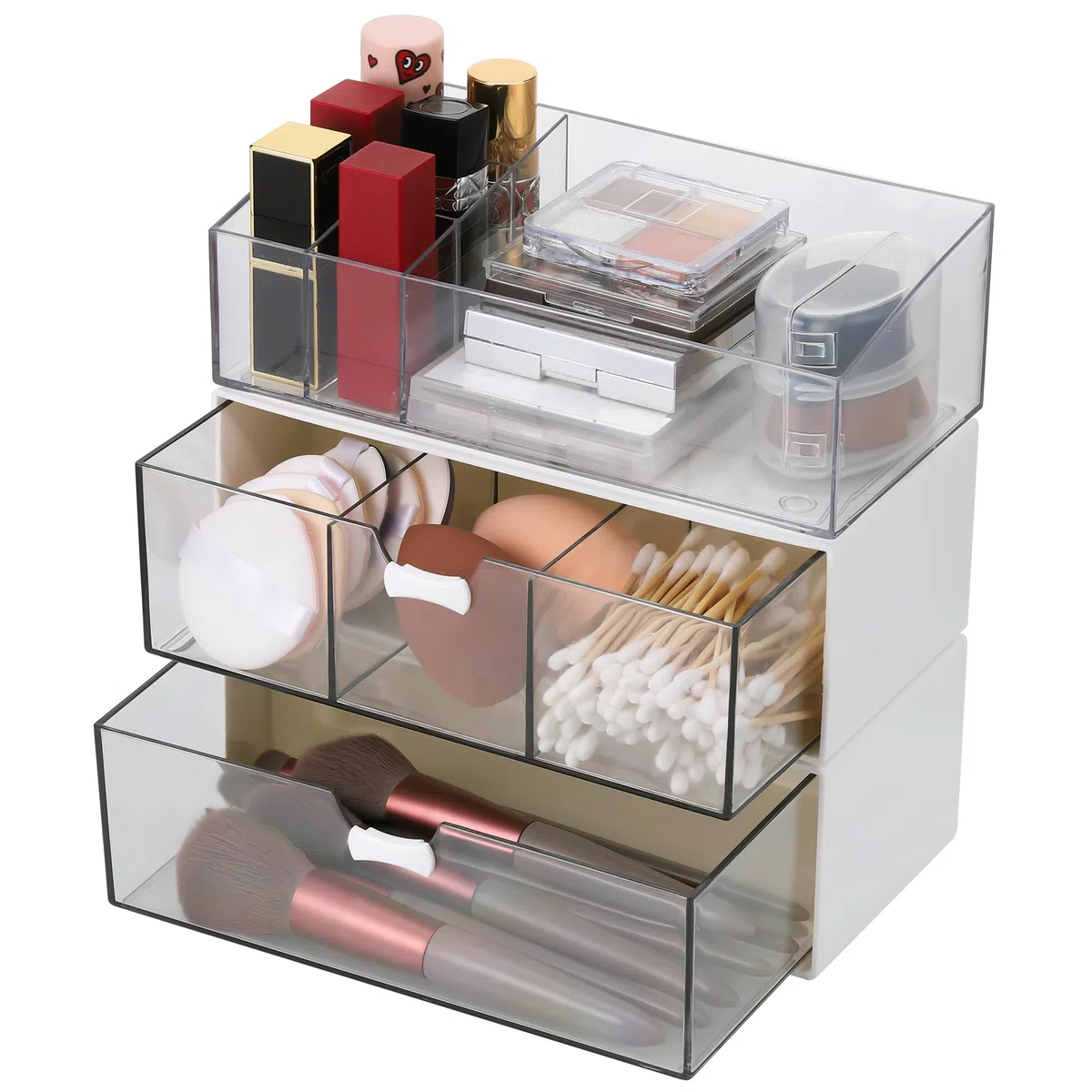 3 Stück Acryl Badezimmer Organizer, Kosmetik Organizer Set, Transparent Bad Schubladen Organizer, Schminktisch Organizer, Make Up Organizer für Kommode Bad (1 Fach+3 Fächer+Lippenstiftfach)