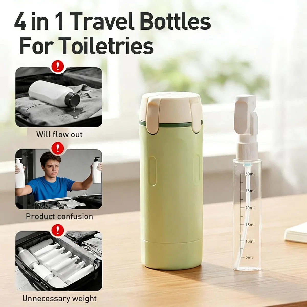 4-in-1 Reise Flaschen Set, Wiederbefüllbare Reisebehälter für Toilettenartikel, Druckknopf-Öffnung, Auslaufsicher, Kosmetik Flaschen mit Skala & Etiketten für Shampoo, Lotion, Conditioner & Creme