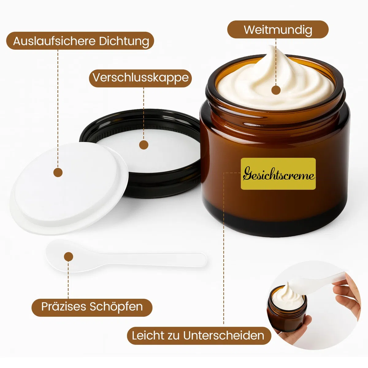 Cremedosen zum Befüllen 250ml/120ml/60ml, 12 Stück Braunglas Salbentiegel mit Deckel, Creme Spatel, Aufkleber, Glastiegel für Creme, Kosmetik, Lotion, Ätherische Öle