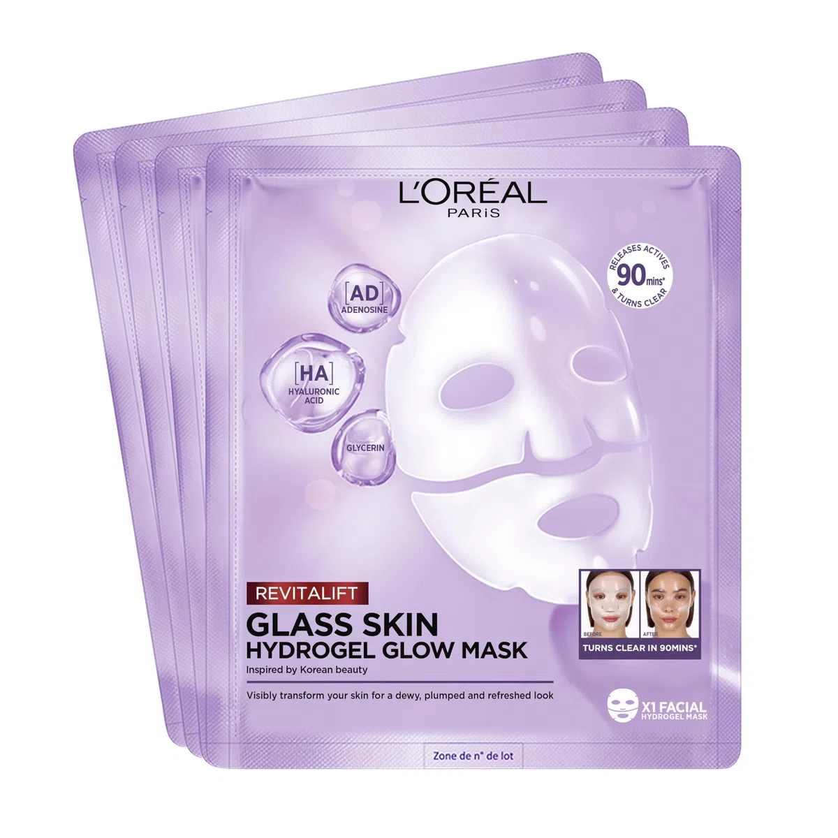 L'Oréal Paris Glass Skin Hydrogel 4er Maskenbox, für aufgepolsterte & glowy Haut, feuchtigkeitsspendend & glättend, [mit Hyaluronsäure], Revitalift Filler, Vorteilsset, 100g
