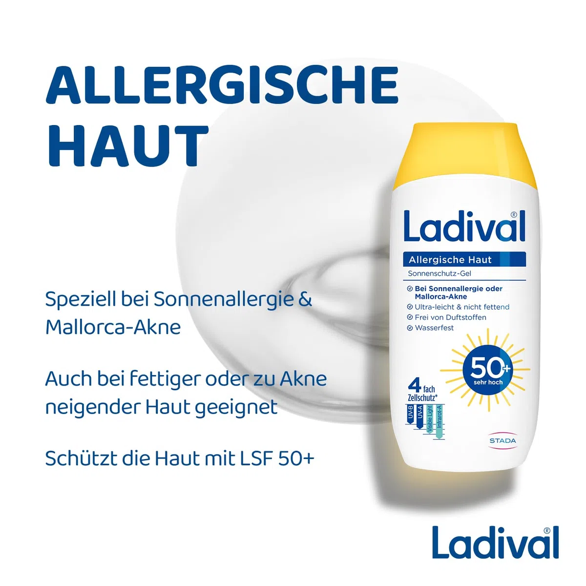 Ladival Allergische Haut Sonnenschutz-Gel LSF 50+: Sonnencreme für den Körper bei Sonnenallergie und Mallorca-Akne, wasserfest, mit 4-fach Zellschutz, 200ml