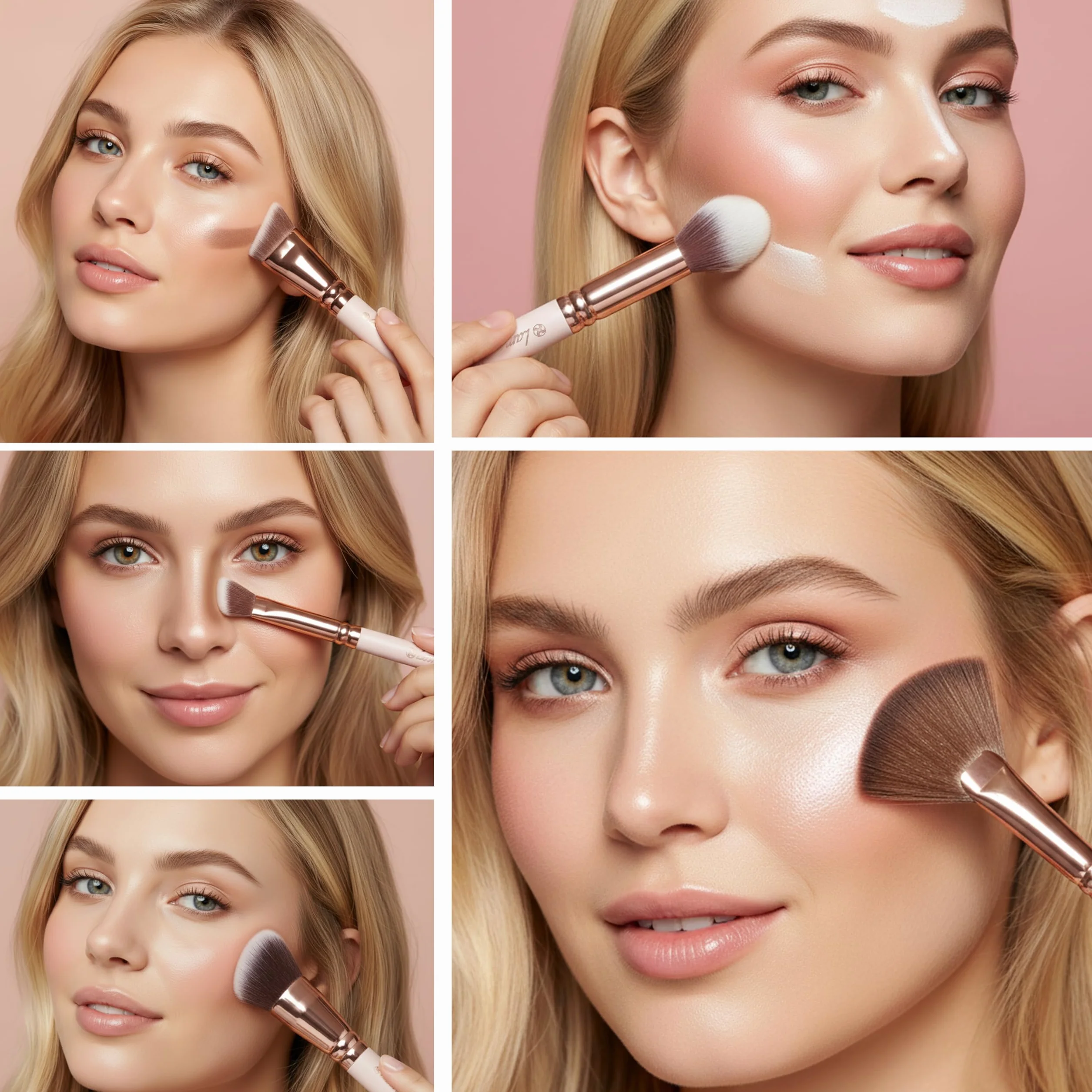 Profi Schminkpinsel Contouring Pinselset Rosegold - Grundierungs Kontur Pinsel Set - 5 Kosmetikpinsel Vegan und Tierversuchsfrei für ein perfektes Make Up