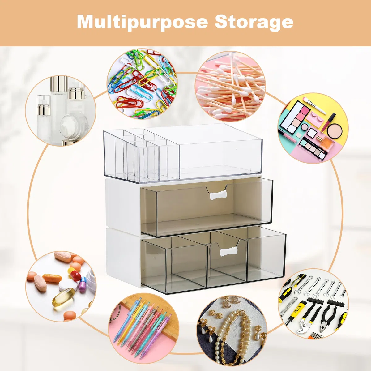 3 Stück Acryl Badezimmer Organizer, Kosmetik Organizer Set, Transparent Bad Schubladen Organizer, Schminktisch Organizer, Make Up Organizer für Kommode Bad (1 Fach+3 Fächer+Lippenstiftfach)