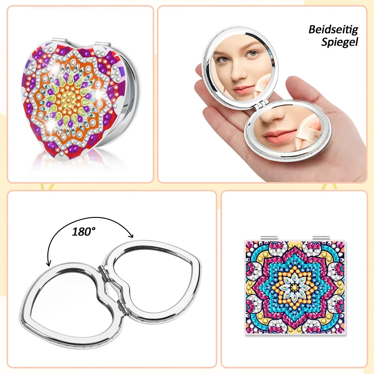 Ghope DIY Diamond Painting Taschenspiegel, 4PCS Diamant Gemälde Kompakte Spiegel Tragbarer Personalisiert Reisespiegel Faltbarer Geldbörsenspiegel für Mädchen und Frauen Geschenke