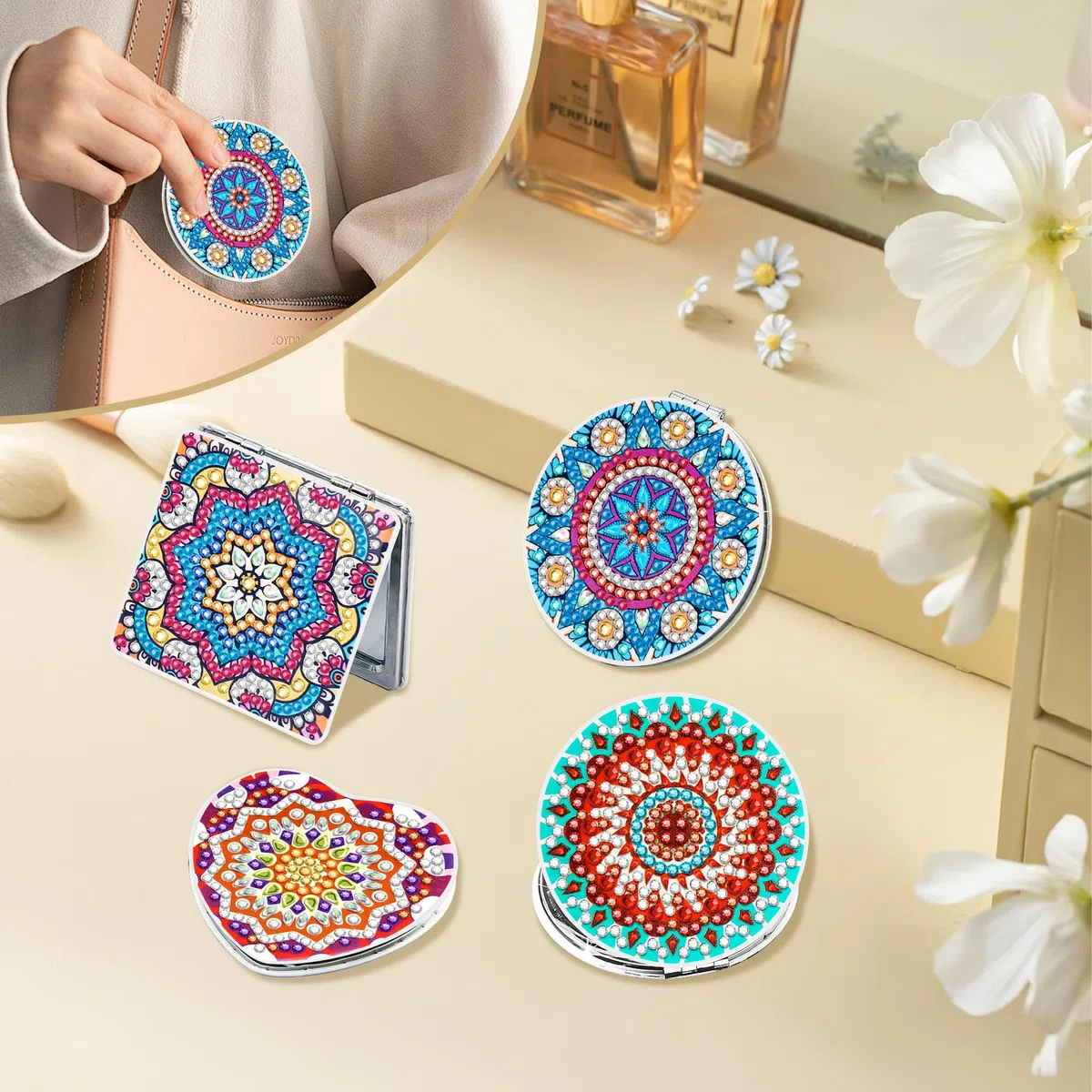 Ghope DIY Diamond Painting Taschenspiegel, 4PCS Diamant Gemälde Kompakte Spiegel Tragbarer Personalisiert Reisespiegel Faltbarer Geldbörsenspiegel für Mädchen und Frauen Geschenke