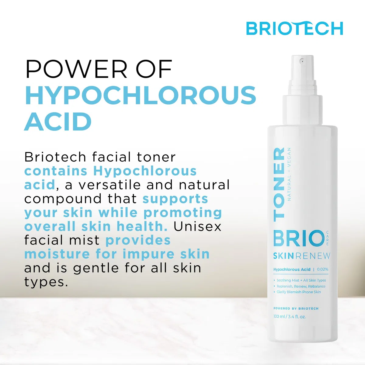 BRIOTECH Skin Renew Toner Gesichtsspray - reines Hypochlorous Acid Spray - beruhigendes HOCl Gesichtswasser für alle Hauttypen - feuchtigkeitsspendender, Erfrischung Hypochlorige Säure Toner, 100 ml