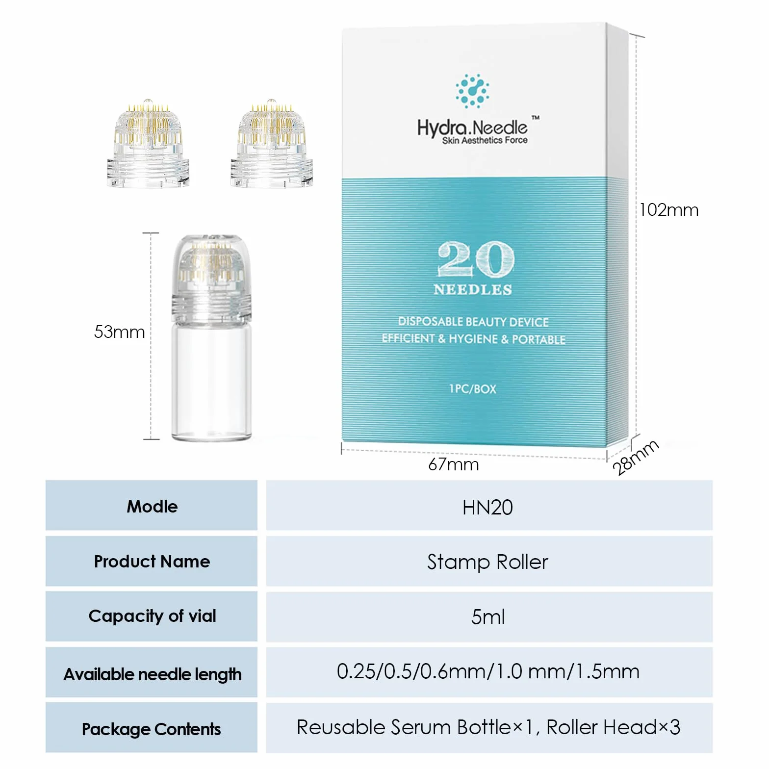 Derma Stamp Hydra Needle 20 Microneedling 0,5 mm, Microneedling Hydra Nadel Derma Roller mit 3 Auswechselbaren Derma-Stamp-Köpfen Anti Aging Beauty Essence Flasche Kosmetisches Microneedling Werkzeug
