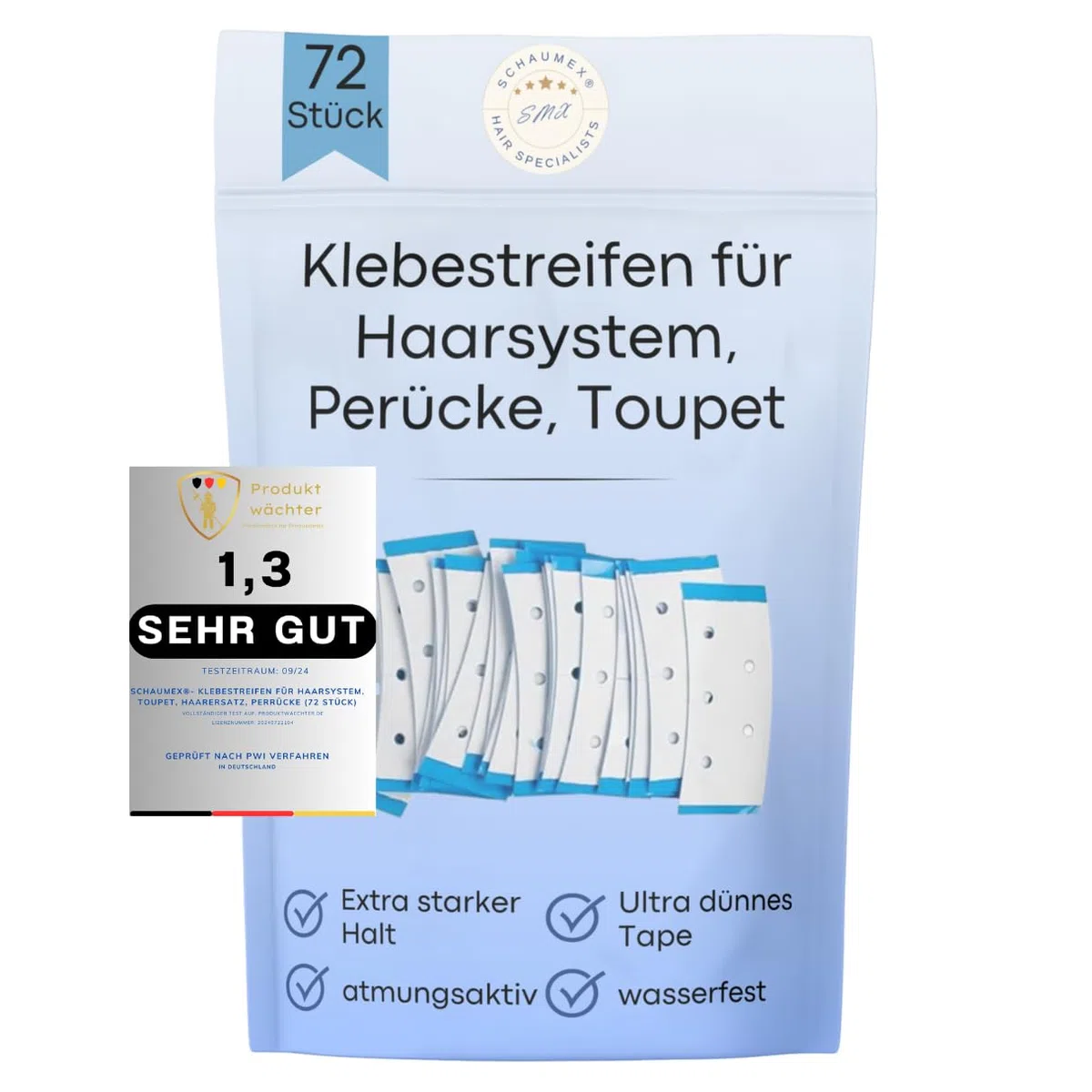 72 Stück Klebestreifen für Haarsystem, Perücke, Haarersatz, Toupet. Ultra dünnes Tape Kleber langlebig und sicher - atmungsaktiv - zuverlässig, auch bei schweiß