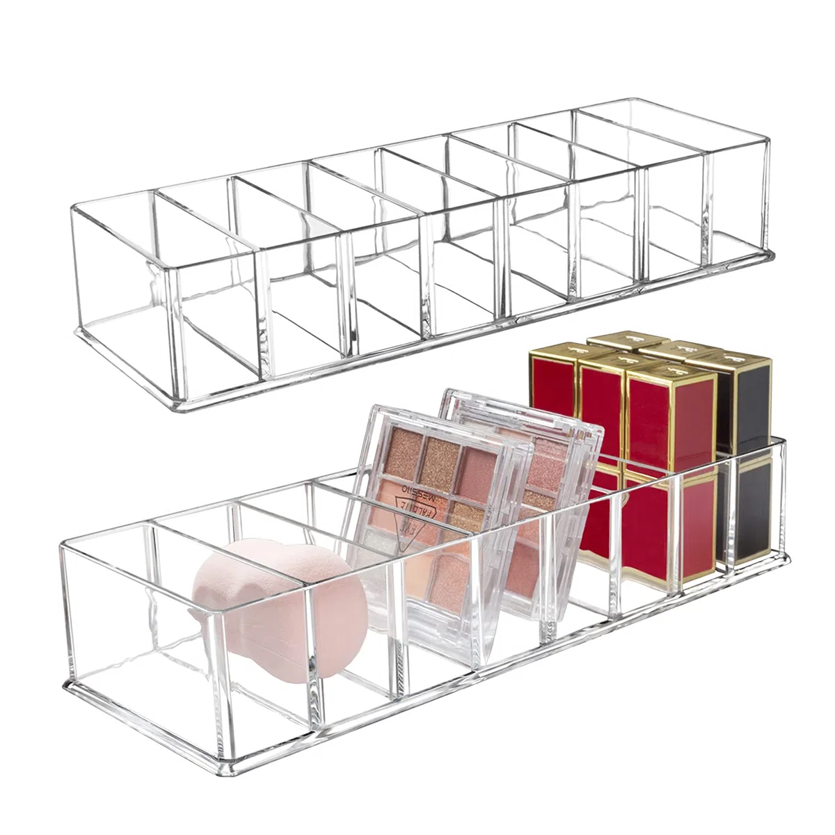 2 Stücke Abnehmbarer Kosmetik Organizer 8 Fächern Make-up-Organizer Acryl Aufbewahrungsboxen, Schmuck Ausstellungsboxen transparente Schubladen für Kommode Waschtisch Badezimmer Küche