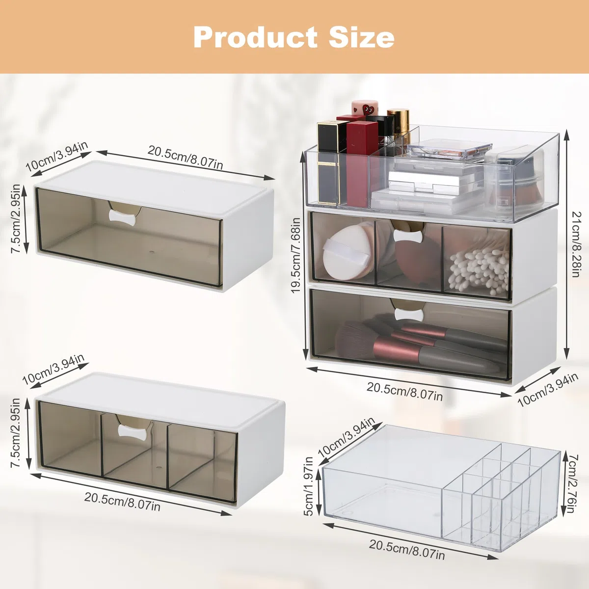 3 Stück Acryl Badezimmer Organizer, Kosmetik Organizer Set, Transparent Bad Schubladen Organizer, Schminktisch Organizer, Make Up Organizer für Kommode Bad (1 Fach+3 Fächer+Lippenstiftfach)