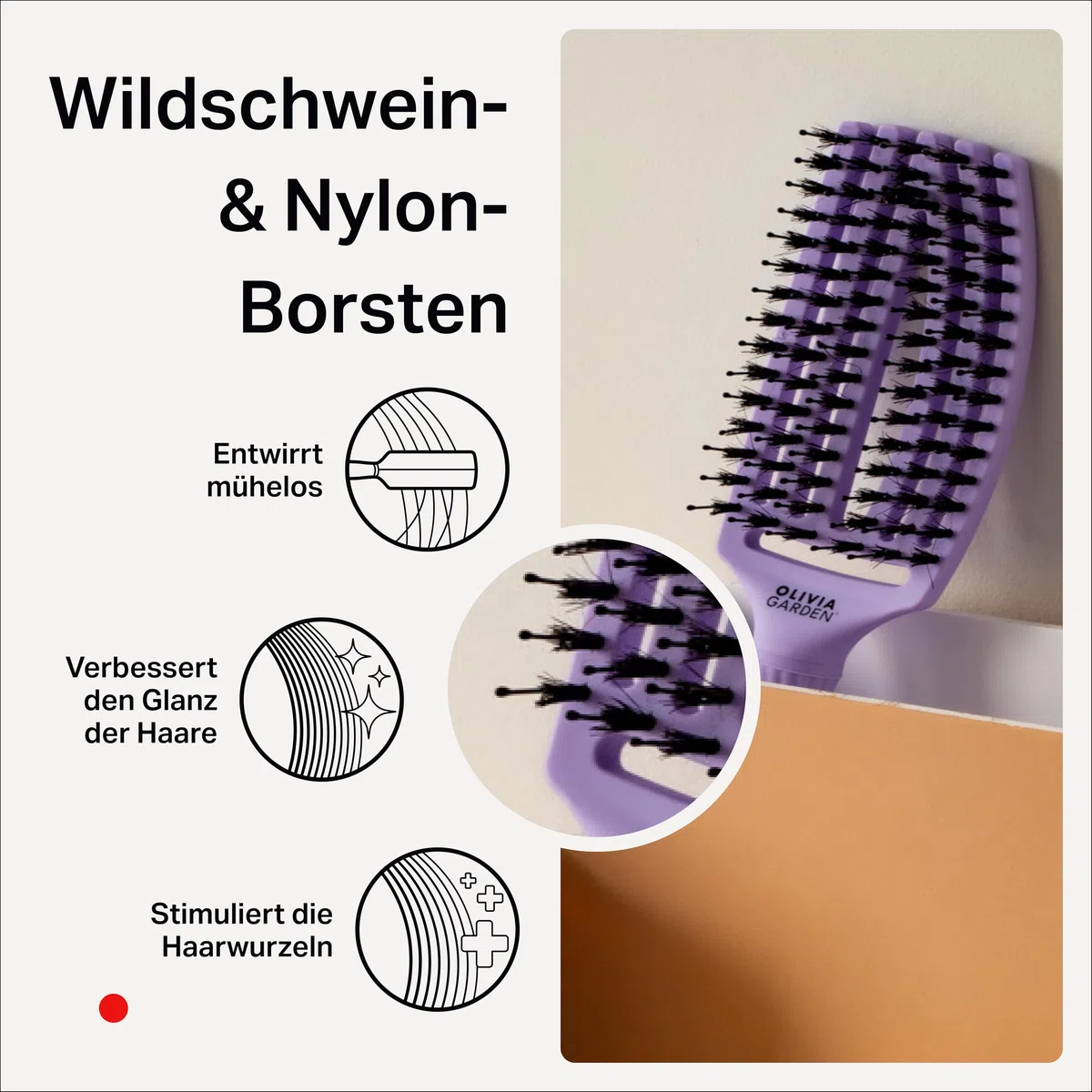 Olivia Garden Fingerbrush Care Iconic - Entwirrende Haarbürste mit Wildschwein- & Nylon-Borsten für ultimativen Glanz und glattes Styling