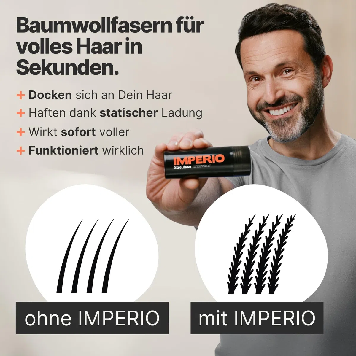 IMPERIO Streuhaar zur Haarverdichtung & vollem Haar in Sekunden. Schütthaar für einen authentischen Look. 100% Natur! In Premium Friseurqualität - 26g (Dunkelbraun)