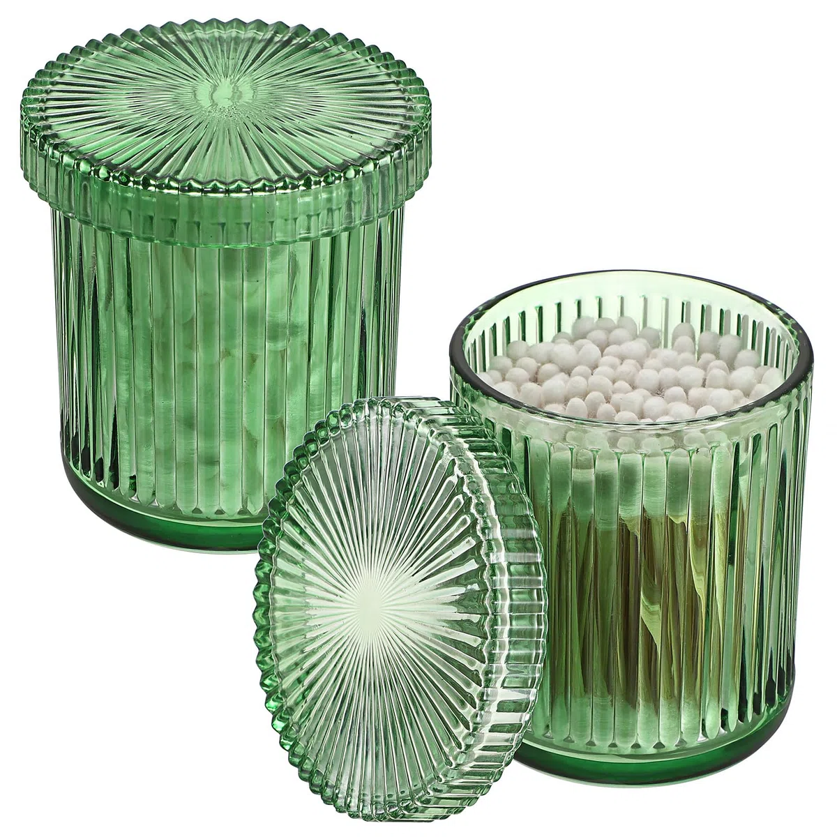 2 Stück Glas Wattestäbchen Behälter Wattepads Box mit Deckel Rund Wattepadspender Grün Aufbewahrungsbehälter für Badezimmer, Schlafzimmer, Waschbecken, Schminktisch, Waschtisch (sichtbar)