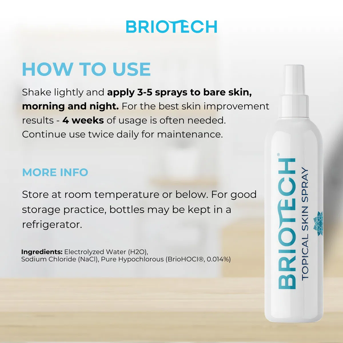 BRIOTECH Topical Skin Spray - Pure Hypochlorous Acid Spray für Anti Juckreiz, Hautausschlag, Sonnenbrand, Allergien - Beruhigendes Hypochlorige Säure Hautschutzspray - sanft, alkoholfrei, 100 ml
