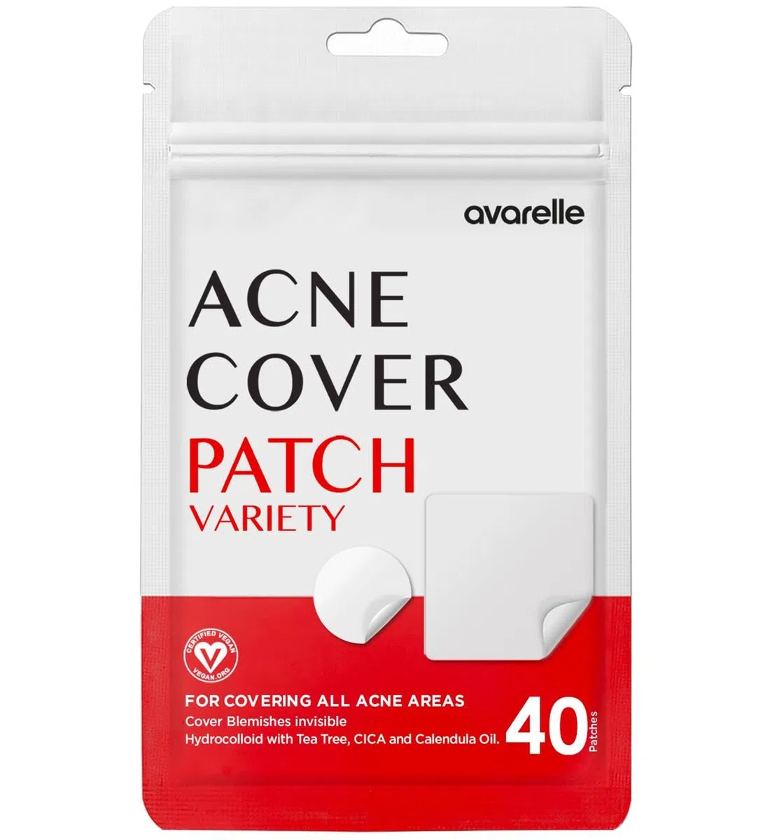 AVARELLE Akne-Pickel-Pflaster (40 Stück) Absorbierende Hydrokolloid-Spot-Behandlung mit Teebaumöl, Calendulaöl und Cica, zertifiziert vegan, frei von Tierversuchen (SORTE / 40 STÜCK)