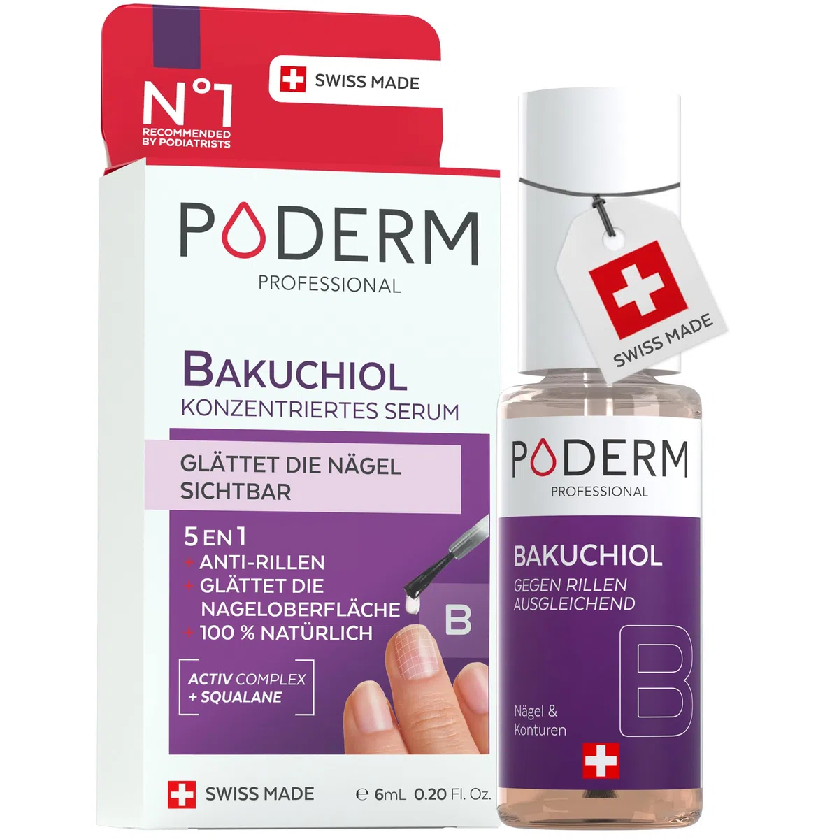 Poderm 5 in 1 Nagel Booster Serum - Bakuchiol | Nährt und Stärkt die Gerillter Nägel - 6 ML | Hydratisierende & Vereinheitlichende Pflege | 100% Natürlich - Entwickelt von einem Podologen in Schweiz