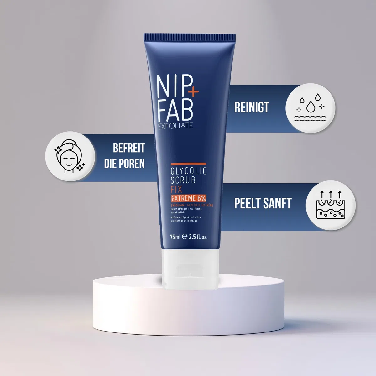 Nip + Fab Glycolic Fix Scrub Extreme – Gesichtspeeling mit 6% Glykolsäure – 3-in-1 AHA/BHA Peeling zur Porenverfeinerung & Hautglättung, 75 ml