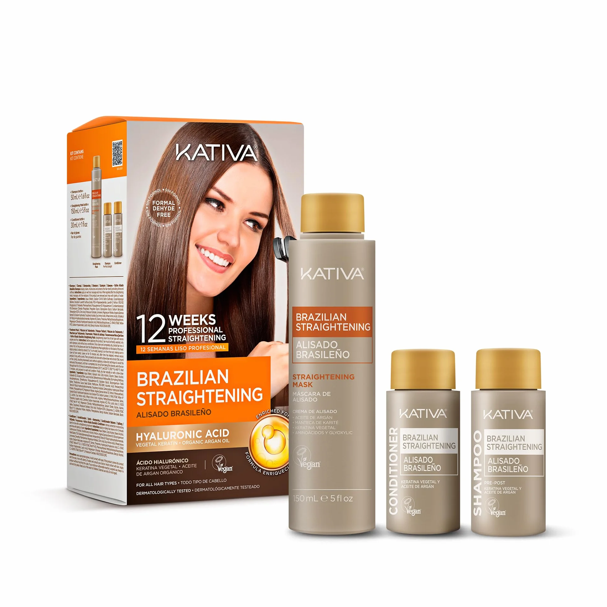 Kativa – Brasilianisches Keratin-Glättungsset mit Arganöl und Hyaluronsäure | Professionelle Glättungsbehandlung für zu Hause – Hält bis zu 12 Wochen – Einfach anzuwenden | 1 Stück