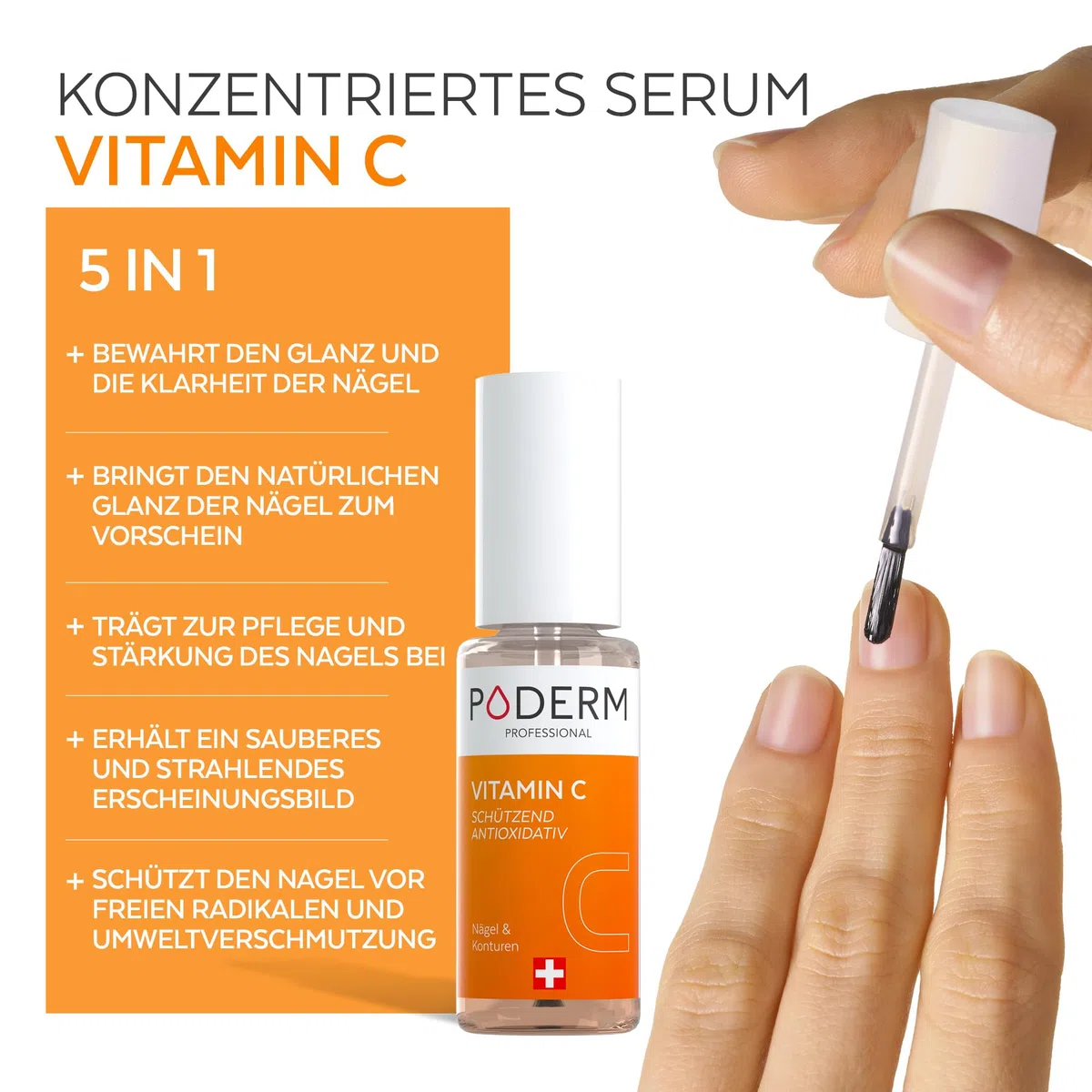 PODERM 5 in 1 Nagel Booster Serum – Vitamin C | Aufhellende & Antioxidative Pflege für Stumpfe Nägel – 6 ML | Nährt und Schützt Nagel | 100% natürlich – Entwickelt von einem Podologen in der Schweiz