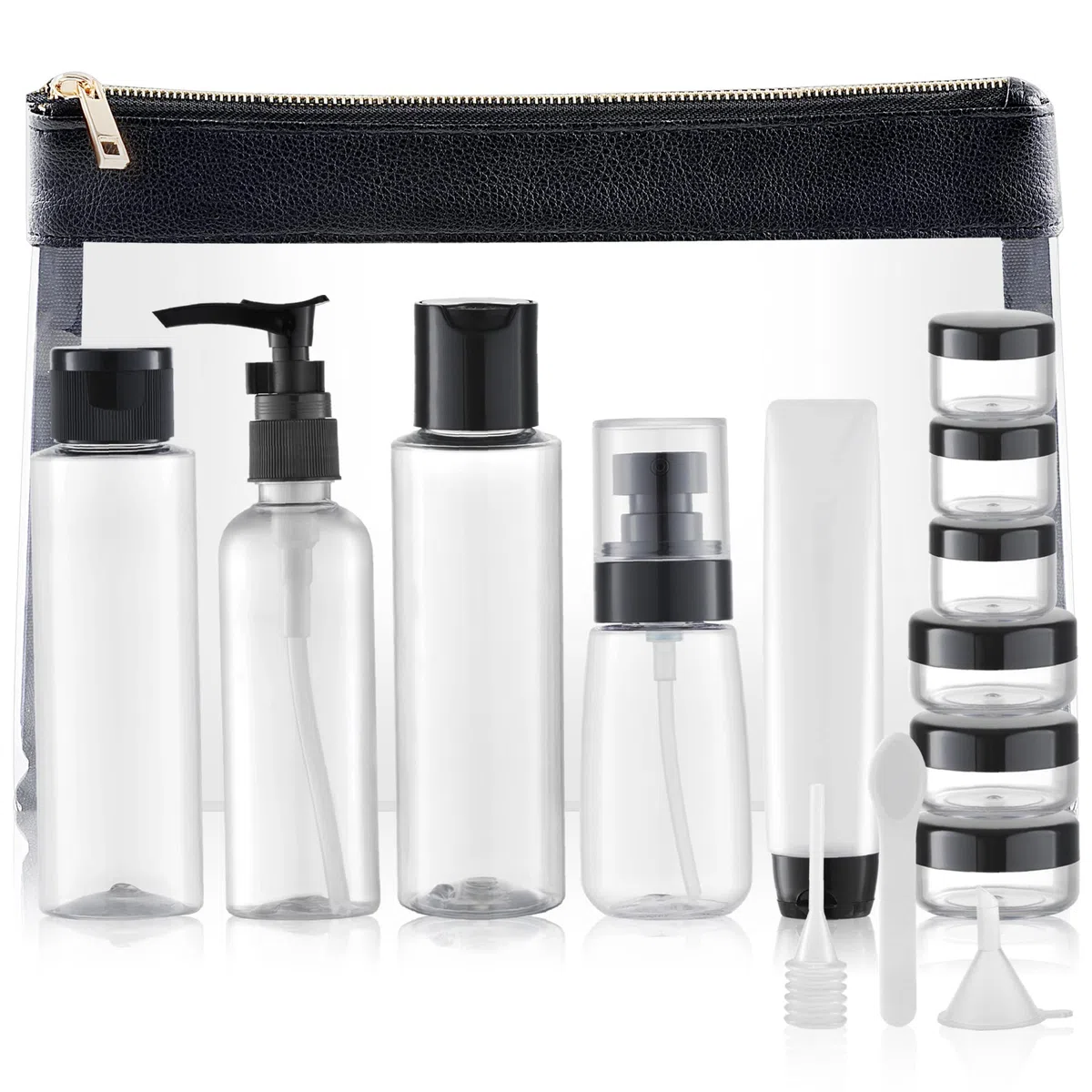 Toureal 15 Stück Leere Reiseflaschen Set (Max.100ml) Leder Reisegrößen Behälter, Reise Flaschen für Kosmetik Flugzeug (Transparent)