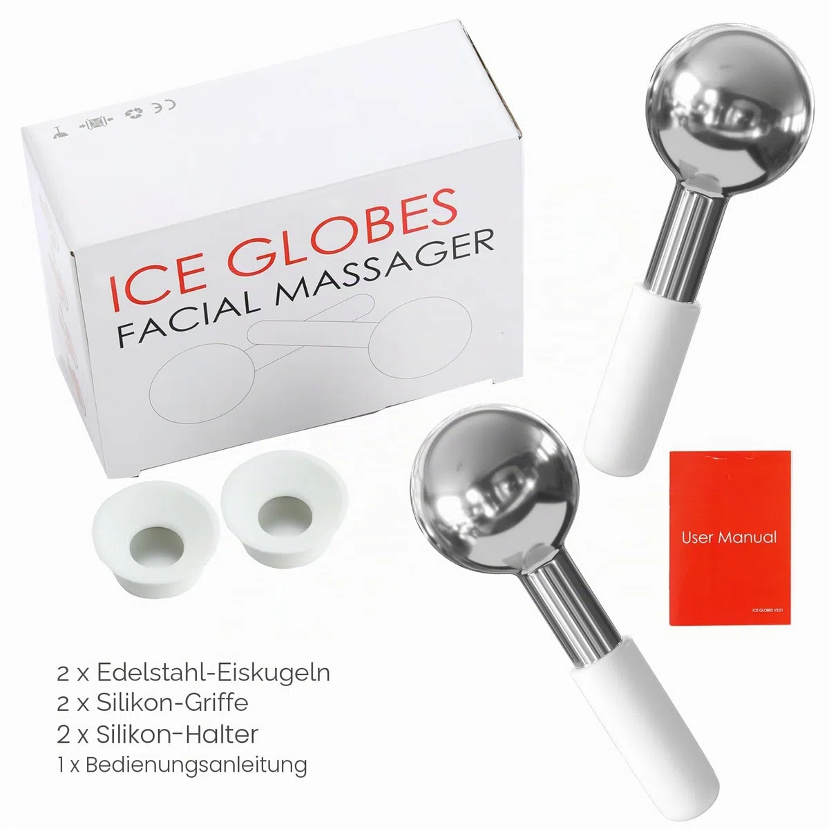 Edelstahl Ice Globes, Kryo-Stick-Eis-Globen für Gesicht, Augen- und Nackenmassage, Gesichtsmassager Kühlkugel zur Hautstraffung, Reduzierung von Schwellungen und dunklen Augenringen, Anti-Aging